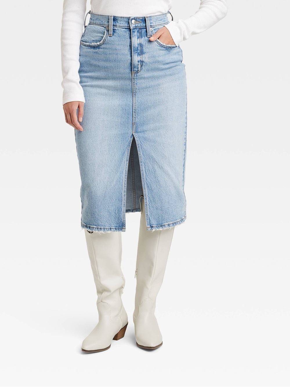Universal Thread Distressed Jean Midi Skirt